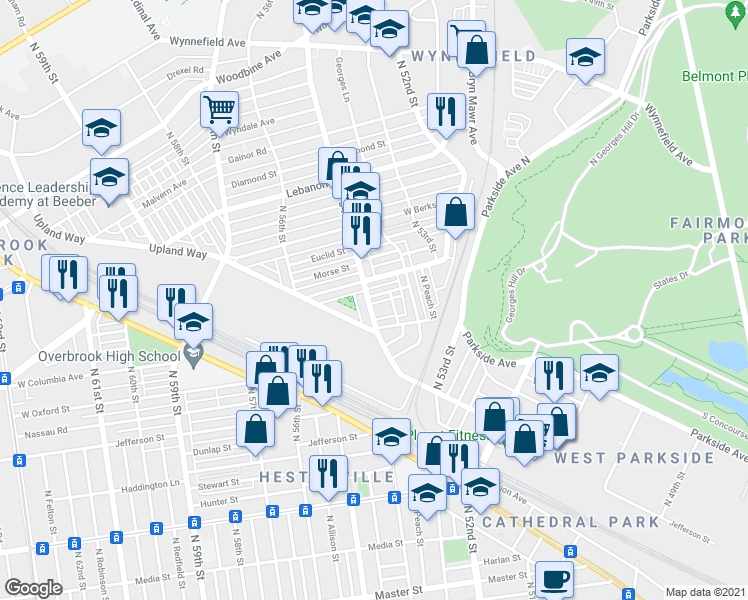 map of restaurants, bars, coffee shops, grocery stores, and more near 5392 West Montgomery Avenue in Philadelphia