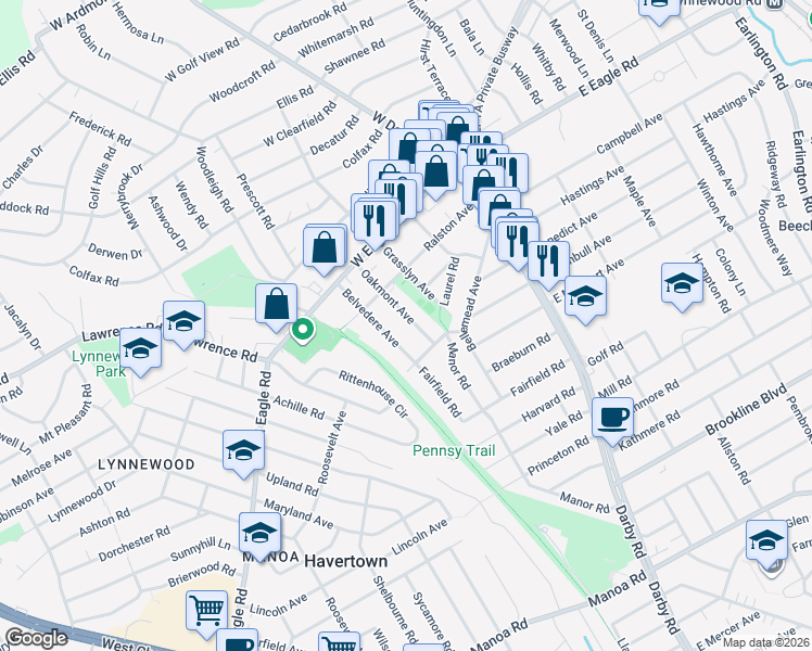 map of restaurants, bars, coffee shops, grocery stores, and more near 2023 Oakmont Avenue in Havertown