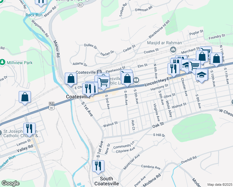 map of restaurants, bars, coffee shops, grocery stores, and more near 339 U.S. 30 Business in Coatesville