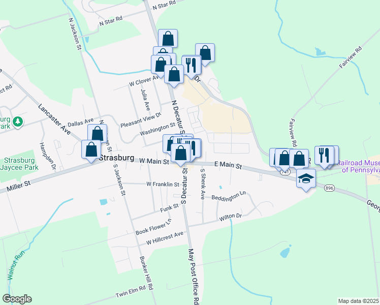 map of restaurants, bars, coffee shops, grocery stores, and more near 32 North Decatur Street in Strasburg