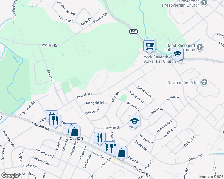 map of restaurants, bars, coffee shops, grocery stores, and more near 1765 Church Road in York