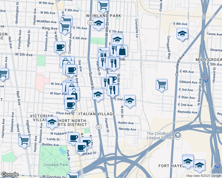 map of restaurants, bars, coffee shops, grocery stores, and more near 194 East 3rd Avenue in Columbus