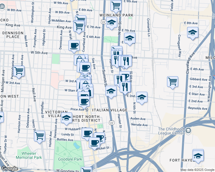 map of restaurants, bars, coffee shops, grocery stores, and more near 136 East 3rd Avenue in Columbus