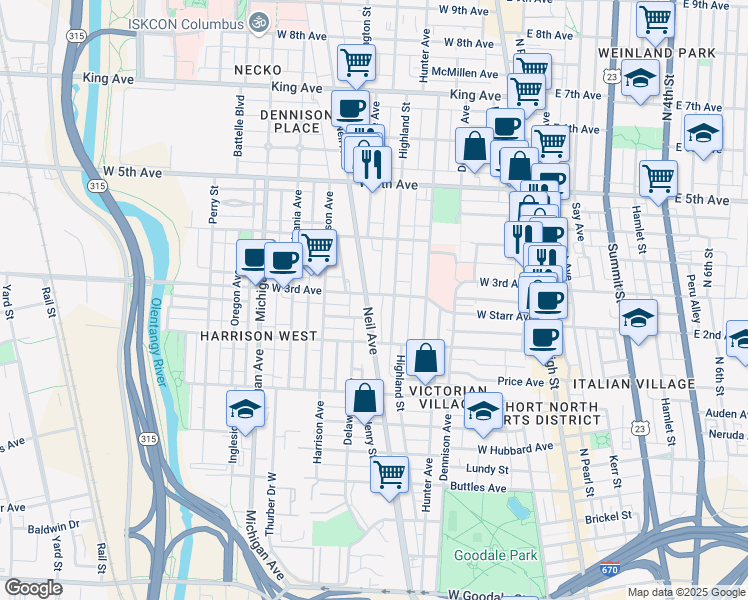 map of restaurants, bars, coffee shops, grocery stores, and more near 1097 Highland Street in Columbus