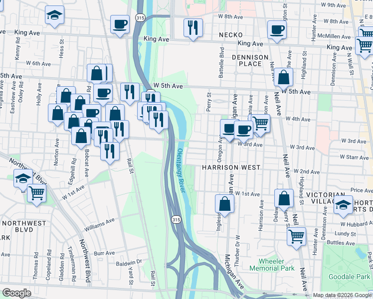 map of restaurants, bars, coffee shops, grocery stores, and more near 571 West 3rd Avenue in Columbus
