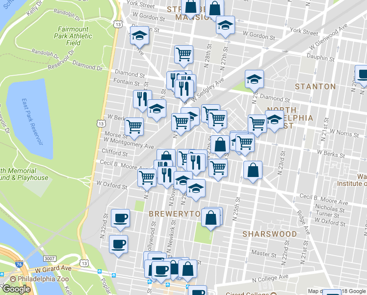 map of restaurants, bars, coffee shops, grocery stores, and more near 1810 North Newkirk Street in Philadelphia