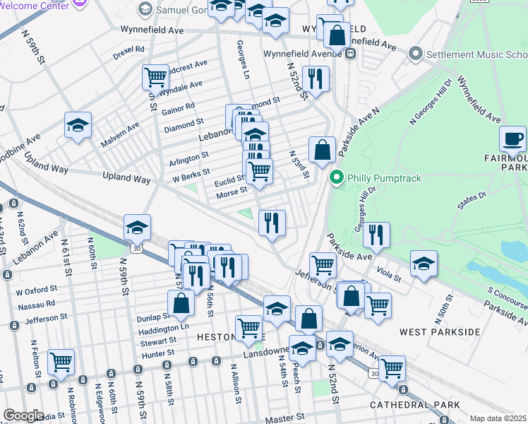 map of restaurants, bars, coffee shops, grocery stores, and more near 5388 Hazelhurst Street in Philadelphia