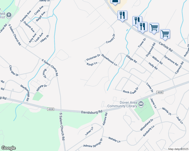 map of restaurants, bars, coffee shops, grocery stores, and more near 2646 Brownstone Drive in Dover