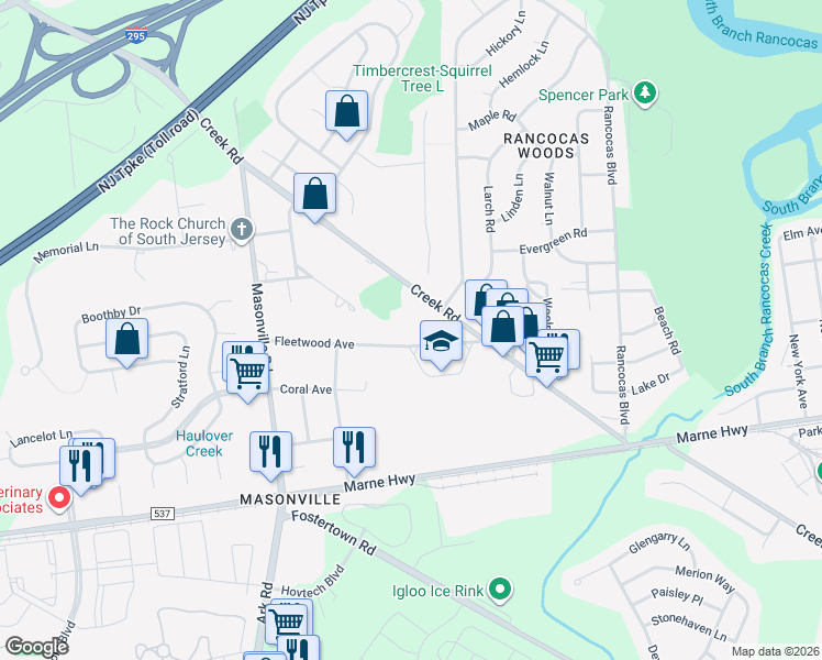map of restaurants, bars, coffee shops, grocery stores, and more near 217 Creek Road in Mount Laurel Township