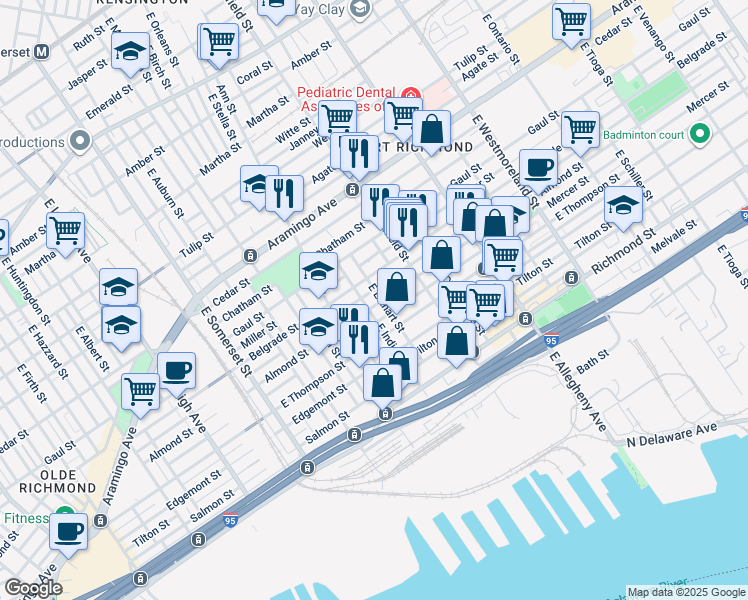 map of restaurants, bars, coffee shops, grocery stores, and more near 3006 Almond Street in Philadelphia
