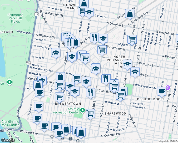 map of restaurants, bars, coffee shops, grocery stores, and more near 1832 North 26th Street in Philadelphia
