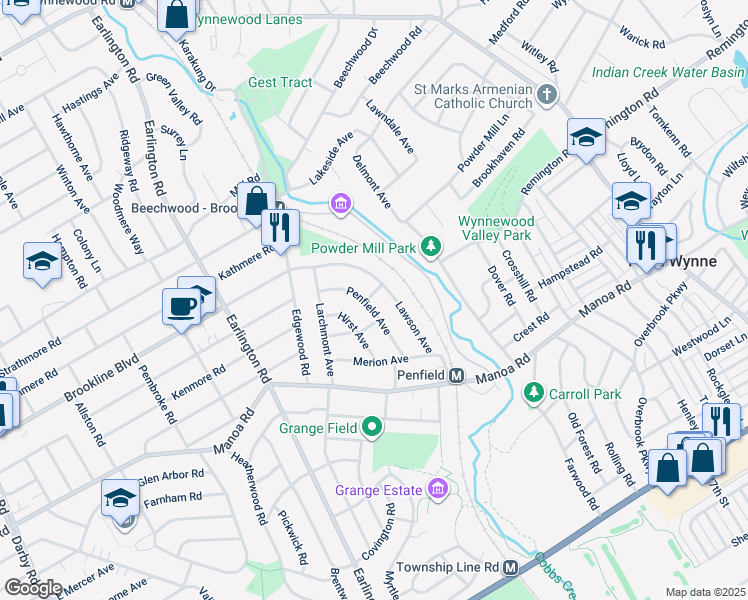 map of restaurants, bars, coffee shops, grocery stores, and more near 700 Penfield Avenue in Havertown