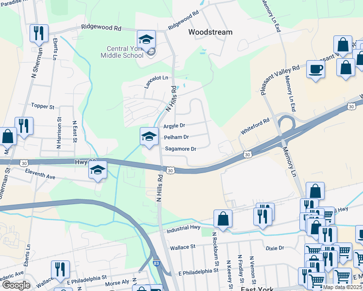 map of restaurants, bars, coffee shops, grocery stores, and more near 1741 Sagamore Drive in York