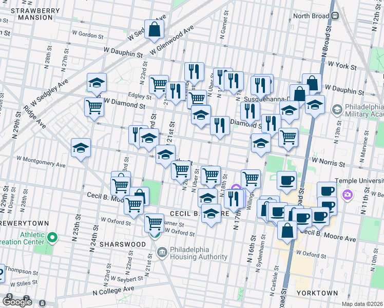 map of restaurants, bars, coffee shops, grocery stores, and more near in Philadelphia