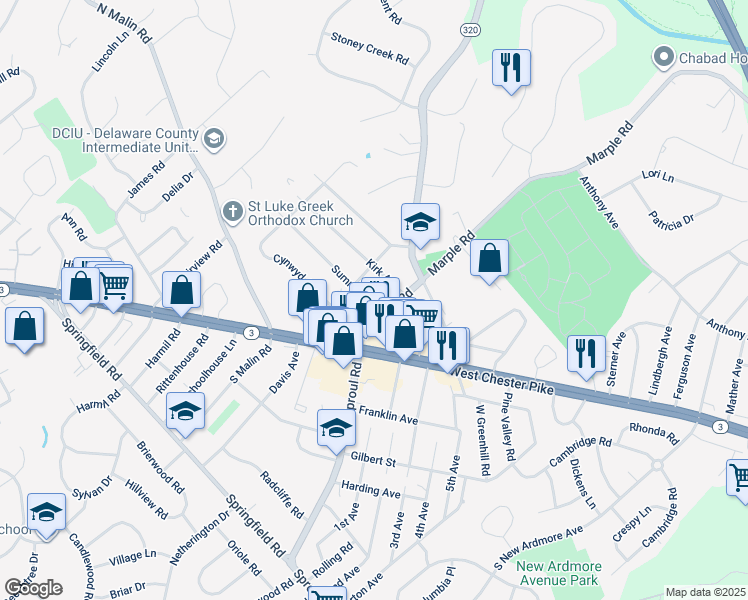 map of restaurants, bars, coffee shops, grocery stores, and more near 2609 Summit Avenue in Broomall