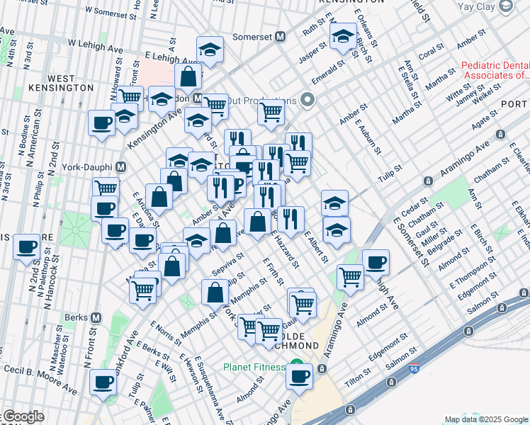 map of restaurants, bars, coffee shops, grocery stores, and more near 2134 East Hazzard Street in Philadelphia