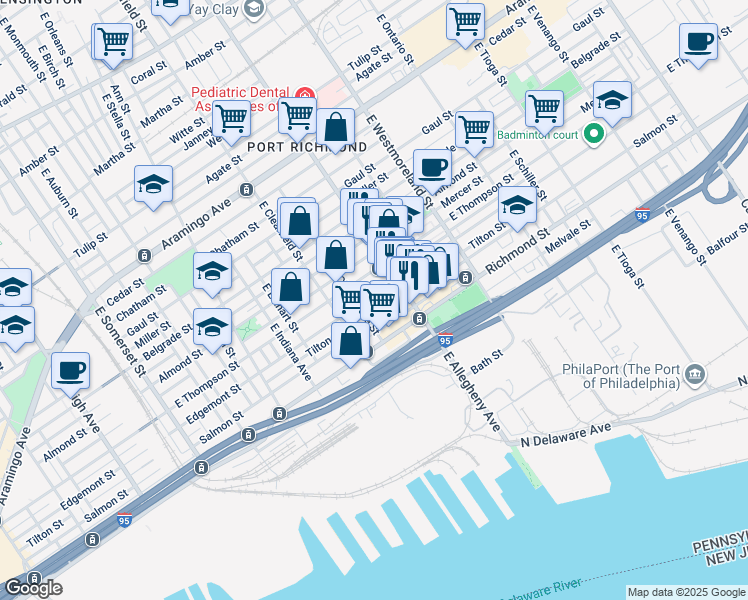 map of restaurants, bars, coffee shops, grocery stores, and more near 3155 Edgemont Street in Philadelphia