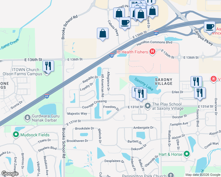 map of restaurants, bars, coffee shops, grocery stores, and more near 13387 Allegiance Drive in Fishers