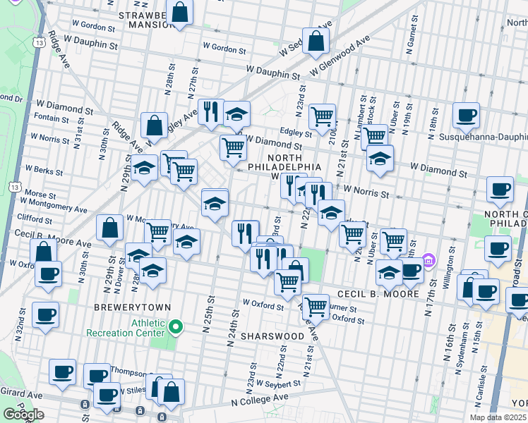 map of restaurants, bars, coffee shops, grocery stores, and more near 1863 North Bucknell Street in Philadelphia