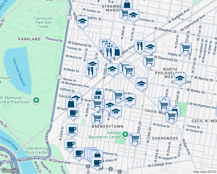 map of restaurants, bars, coffee shops, grocery stores, and more near 1810 North Newkirk Street in Philadelphia
