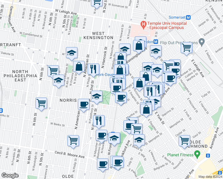 map of restaurants, bars, coffee shops, grocery stores, and more near 2204 North Howard Street in Philadelphia