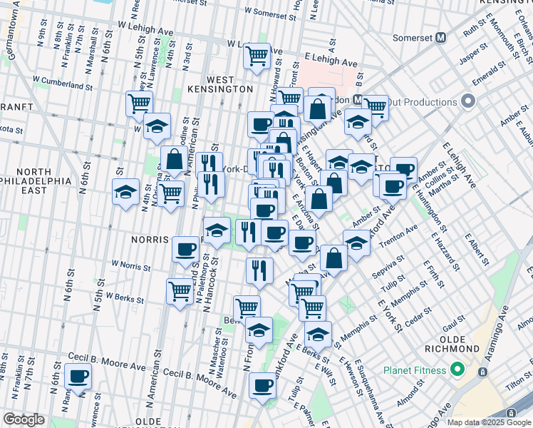 map of restaurants, bars, coffee shops, grocery stores, and more near 2206 North Front Street in Philadelphia