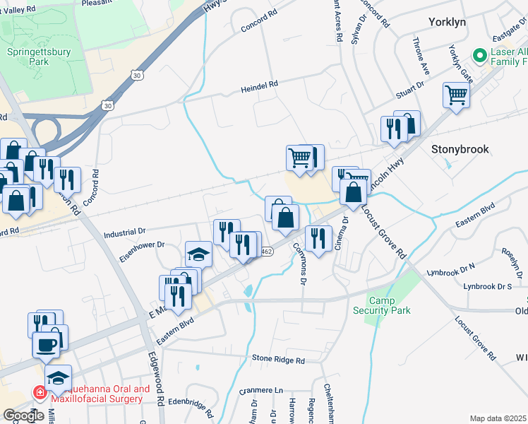 map of restaurants, bars, coffee shops, grocery stores, and more near 3600 Industrial Highway in York