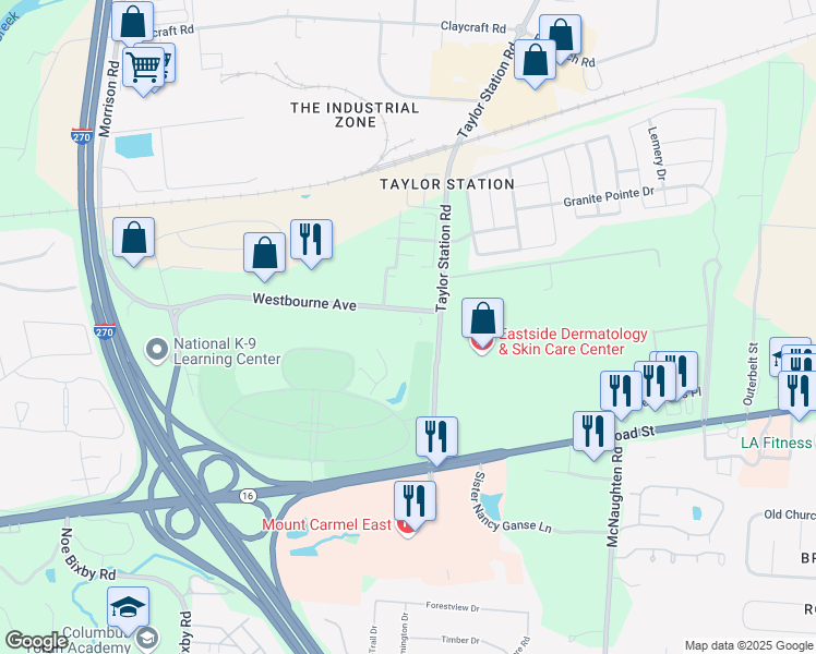 map of restaurants, bars, coffee shops, grocery stores, and more near 5831 Westbourne Avenue in Columbus
