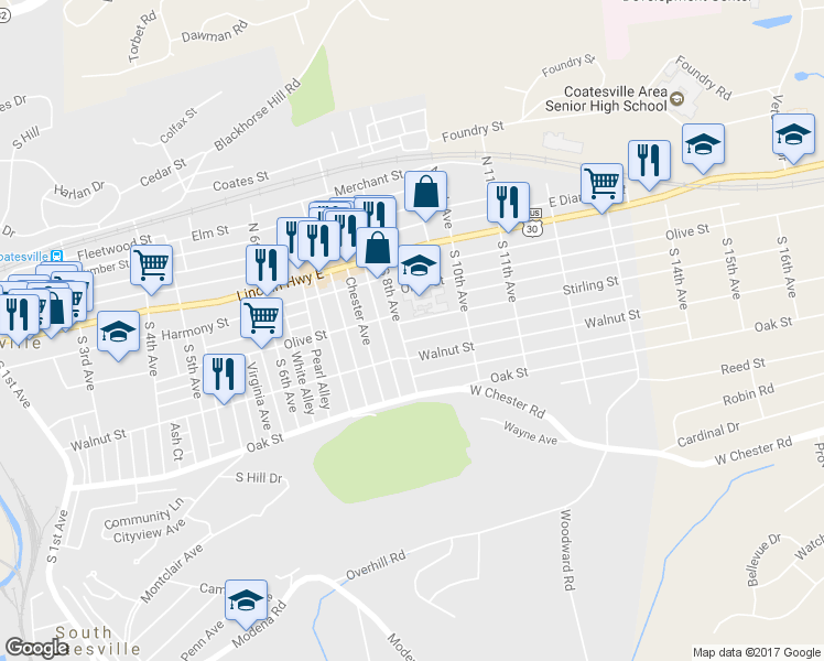 map of restaurants, bars, coffee shops, grocery stores, and more near 806 Stirling Street in Coatesville