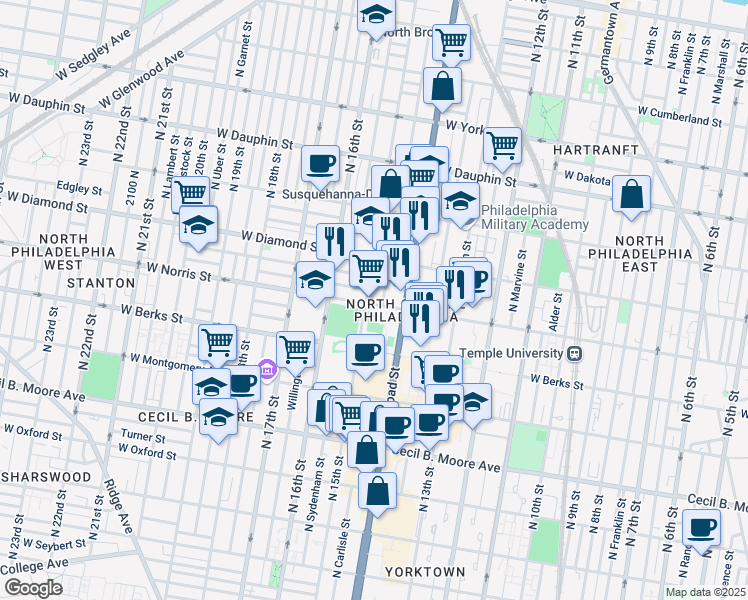 map of restaurants, bars, coffee shops, grocery stores, and more near 2029 North Carlisle Street in Philadelphia