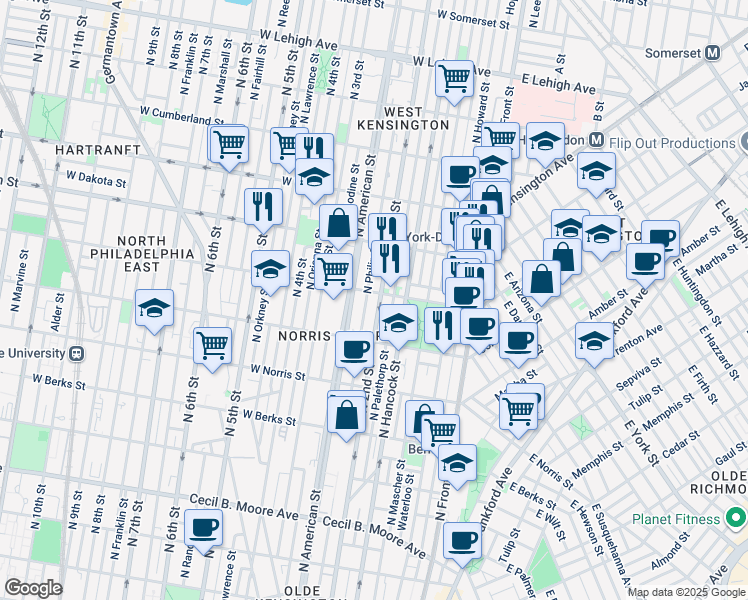map of restaurants, bars, coffee shops, grocery stores, and more near 2158 North 2nd Street in Philadelphia