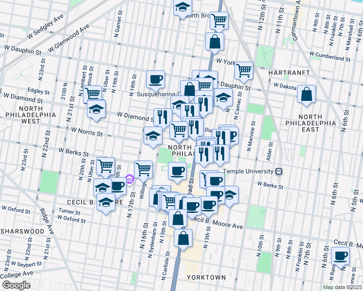 map of restaurants, bars, coffee shops, grocery stores, and more near 1435 West Norris Street in Philadelphia