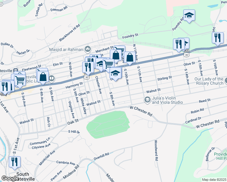 map of restaurants, bars, coffee shops, grocery stores, and more near 806 Stirling Street in Coatesville