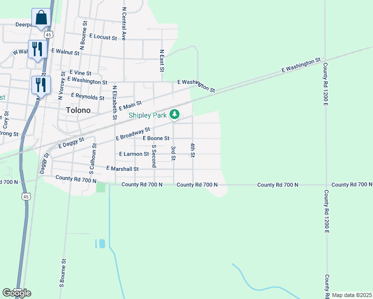 map of restaurants, bars, coffee shops, grocery stores, and more near 707 East Boone Street in Tolono