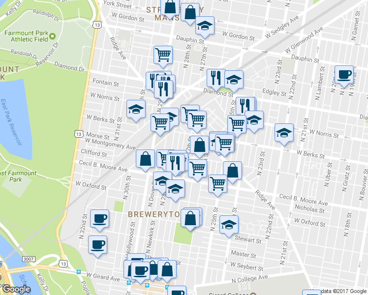 map of restaurants, bars, coffee shops, grocery stores, and more near 1825 North Etting Street in Philadelphia