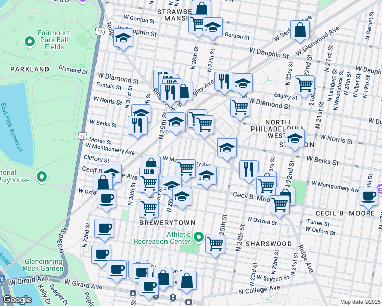 map of restaurants, bars, coffee shops, grocery stores, and more near 1825 North Etting Street in Philadelphia