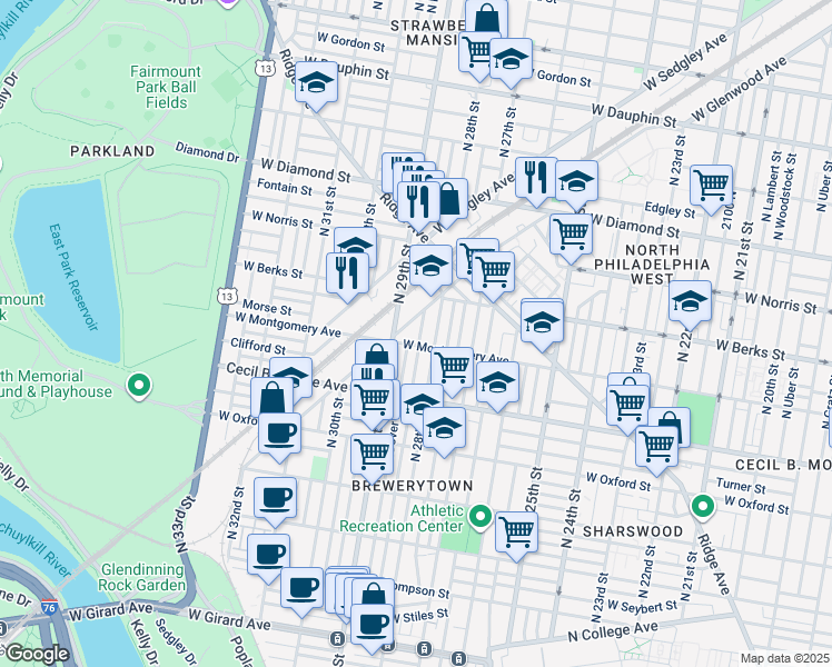 map of restaurants, bars, coffee shops, grocery stores, and more near 1812 North Newkirk Street in Philadelphia