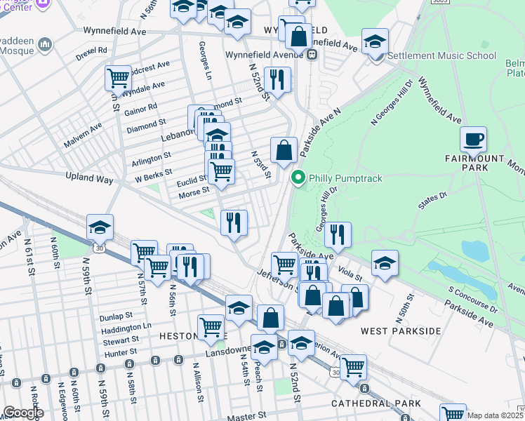 map of restaurants, bars, coffee shops, grocery stores, and more near 1728 North Peach Street in Philadelphia