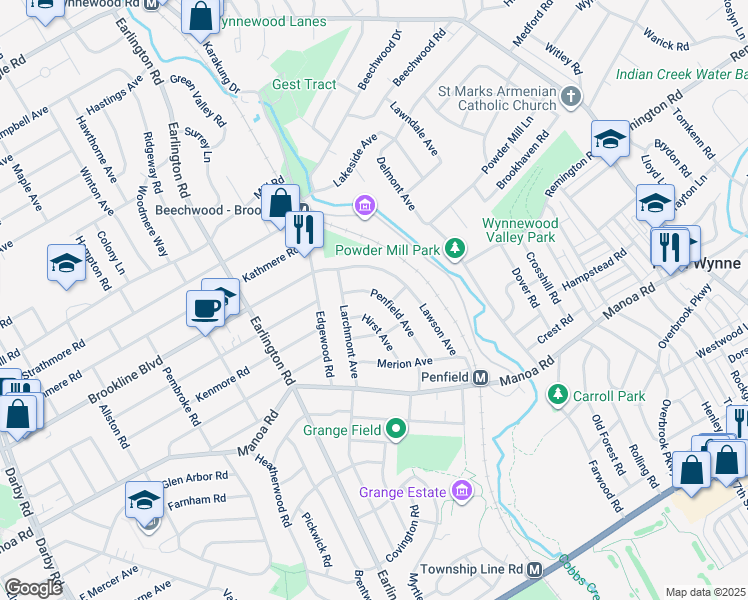 map of restaurants, bars, coffee shops, grocery stores, and more near 617 Penfield Avenue in Havertown