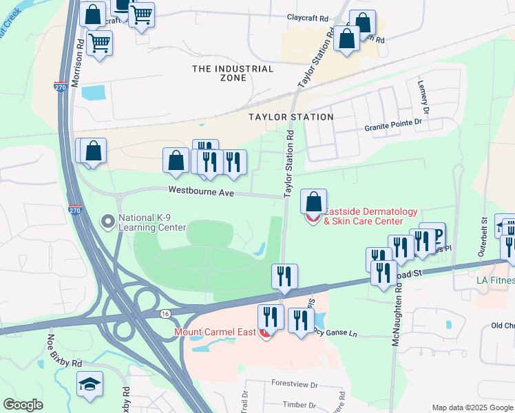 map of restaurants, bars, coffee shops, grocery stores, and more near 5825 Westbourne Avenue in Columbus