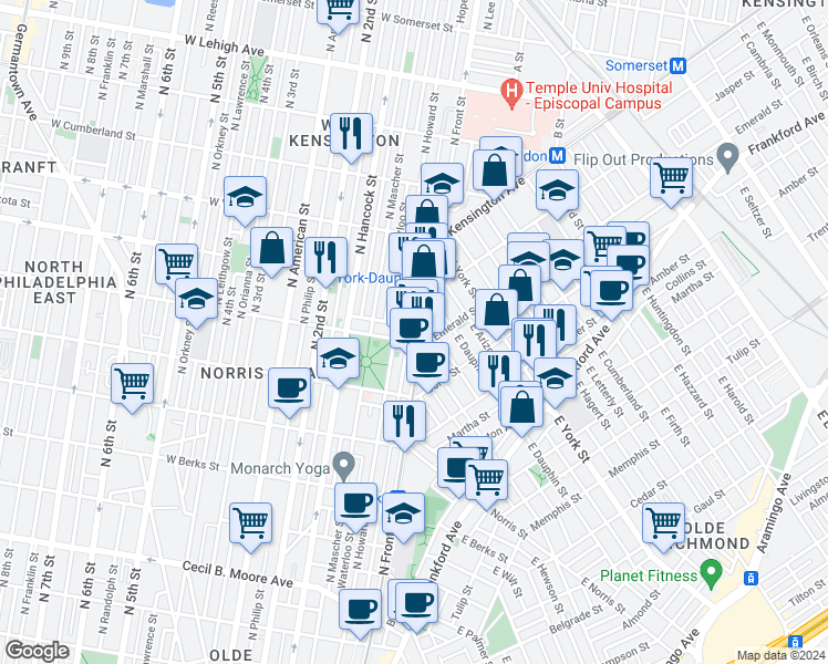 map of restaurants, bars, coffee shops, grocery stores, and more near 2219 Hope Street in Philadelphia