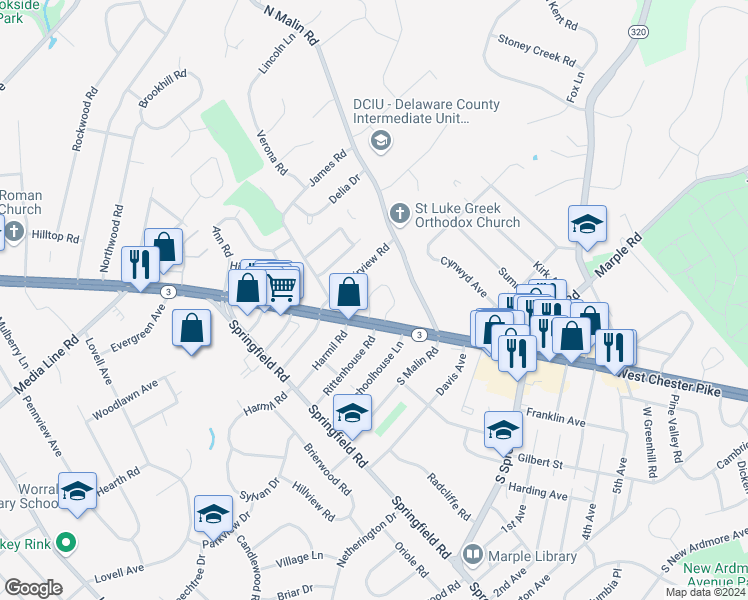 map of restaurants, bars, coffee shops, grocery stores, and more near 3 West Garden Road in Broomall