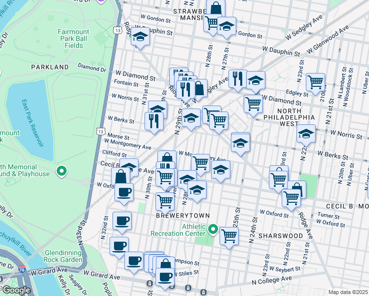 map of restaurants, bars, coffee shops, grocery stores, and more near 1812 North Newkirk Street in Philadelphia