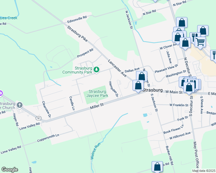 map of restaurants, bars, coffee shops, grocery stores, and more near 1124 Hampden Drive in Strasburg