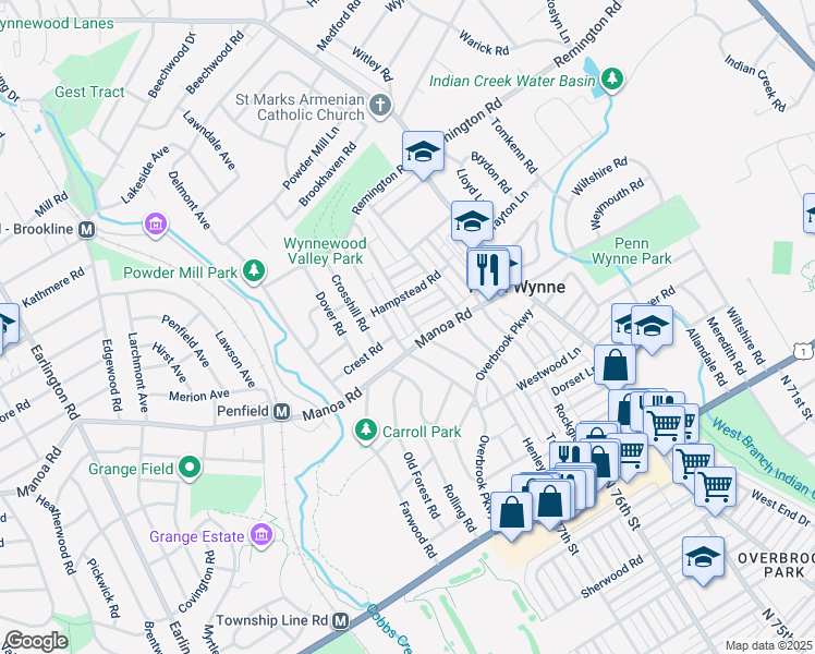 map of restaurants, bars, coffee shops, grocery stores, and more near 212 Henley Road in Penn Wynne