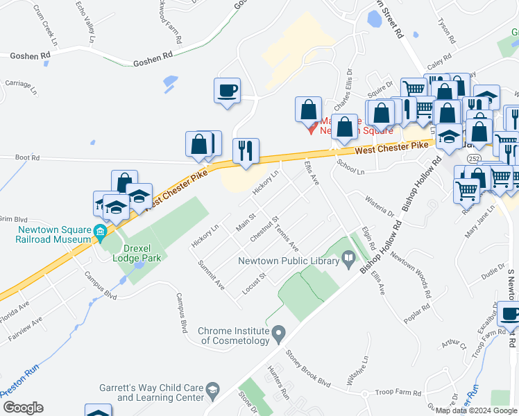 map of restaurants, bars, coffee shops, grocery stores, and more near 388 Tennis Avenue in Newtown Square