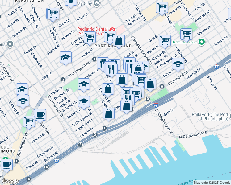map of restaurants, bars, coffee shops, grocery stores, and more near 3071 Mercer Street in Philadelphia
