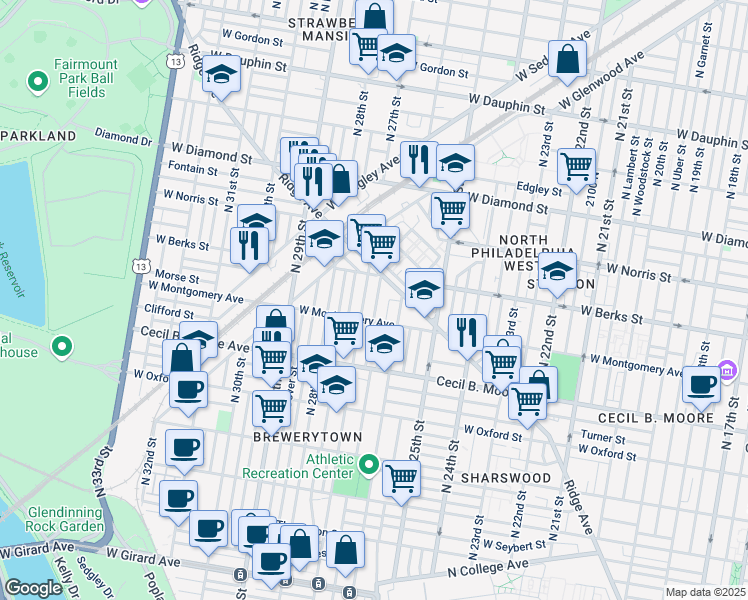 map of restaurants, bars, coffee shops, grocery stores, and more near 1830 North Taney Street in Philadelphia
