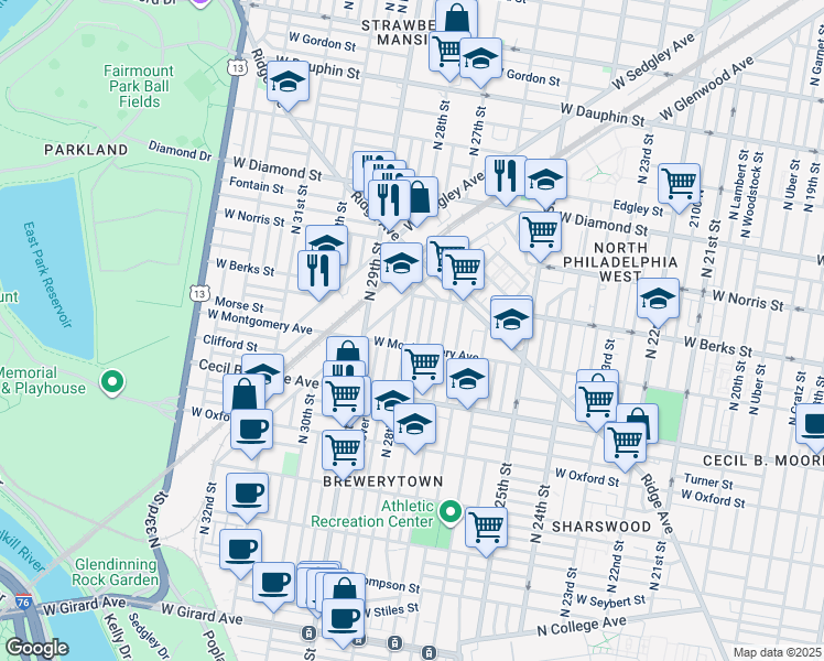 map of restaurants, bars, coffee shops, grocery stores, and more near 1819 North 28th Street in Philadelphia