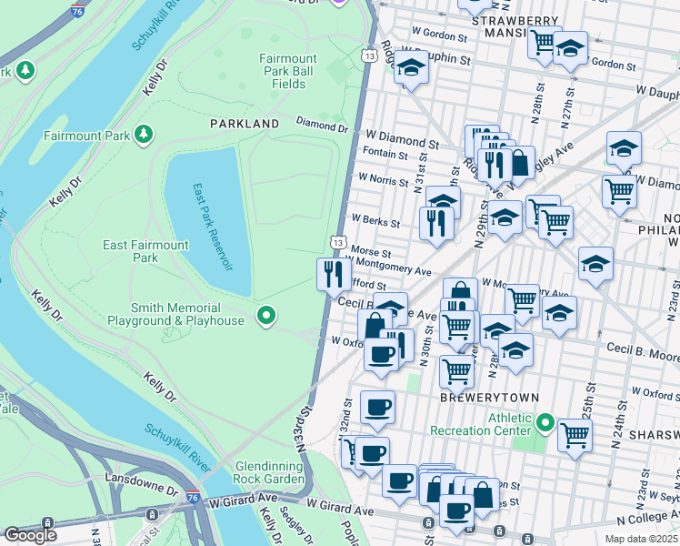 map of restaurants, bars, coffee shops, grocery stores, and more near 1733 North 33rd Street in Philadelphia